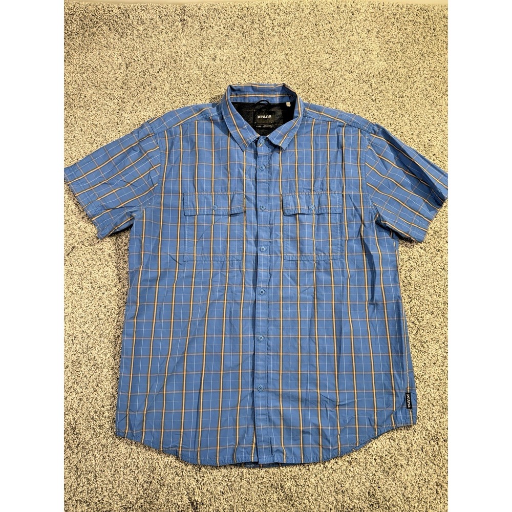 PrAna Nylon / Cotton Shirt Men's XL Blue Yellow Plaid Short Sleeve Button Down